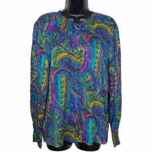 VTG 80s 90s ADRIANNA PAPELL 100% SILK BLOUSE VIBRANT JEWEL TONE PAISLEY RETRO 12